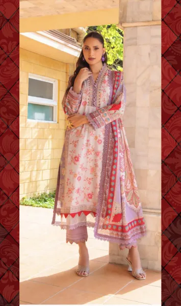 Pakistani Original Guladhar Premium Cambric Cotton Stitched 3pcs _ Pink Beige